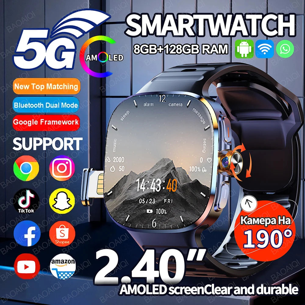 5G/4G Full Network Smart Watch 2.40 inch Big Screen HD Video Call 8GB+128GB RAM 2100mAh Google Play WIFI GPS Sim Card Smartwatch