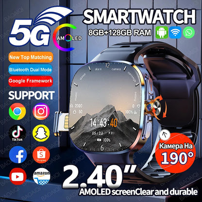 5G/4G Full Network Smart Watch 2.40 inch Big Screen HD Video Call 8GB+128GB RAM 2100mAh Google Play WIFI GPS Sim Card Smartwatch
