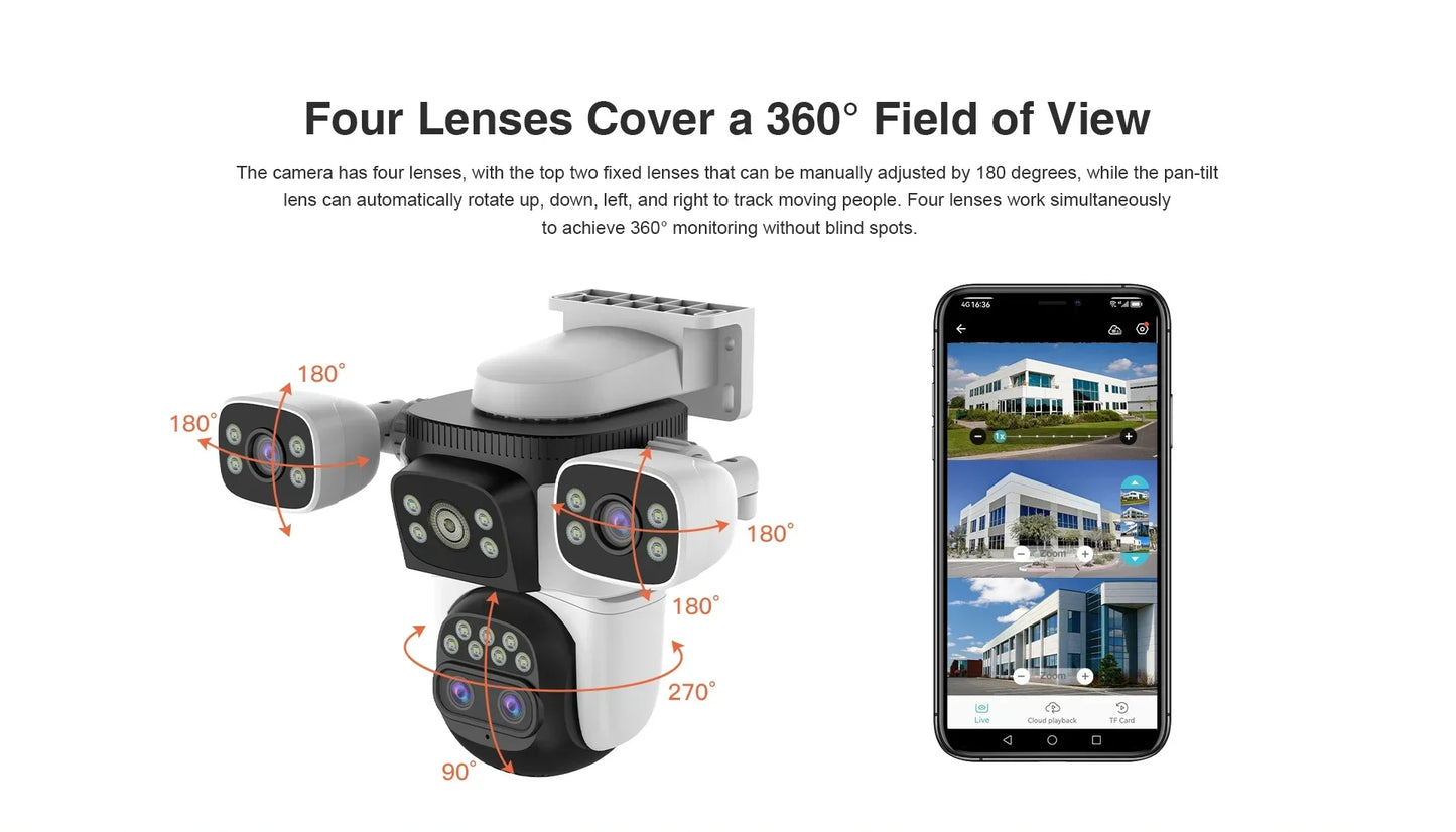 Four Lens WiFi Security Camera 20MP Four Screens Outdoor 10X Optical Zoom Human Auto Tracking Waterproof Multi-Camera System
