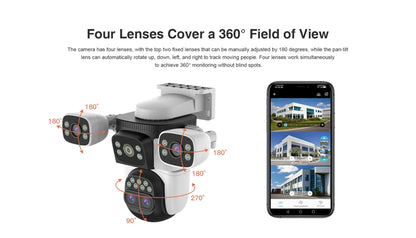 Four Lens WiFi Security Camera 20MP Four Screens Outdoor 10X Optical Zoom Human Auto Tracking Waterproof Multi-Camera System