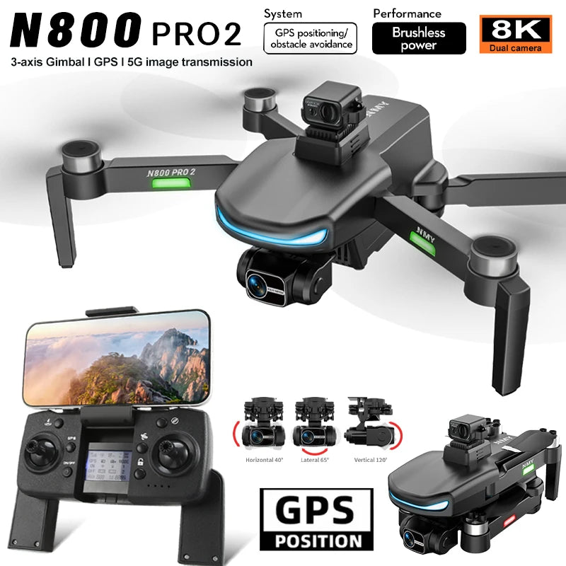 New N800 Pro2 GPS Drone Professional 8K HD Camera With Obstacle Avoidance 3-Axis Gimbal Brushless 5G WIFI FPV RC Dron Quadcopter