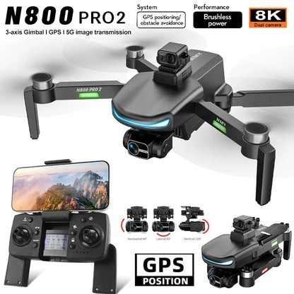 New N800 Pro2 GPS Drone Professional 8K HD Camera With Obstacle Avoidance 3-Axis Gimbal Brushless 5G WIFI FPV RC Dron Quadcopter