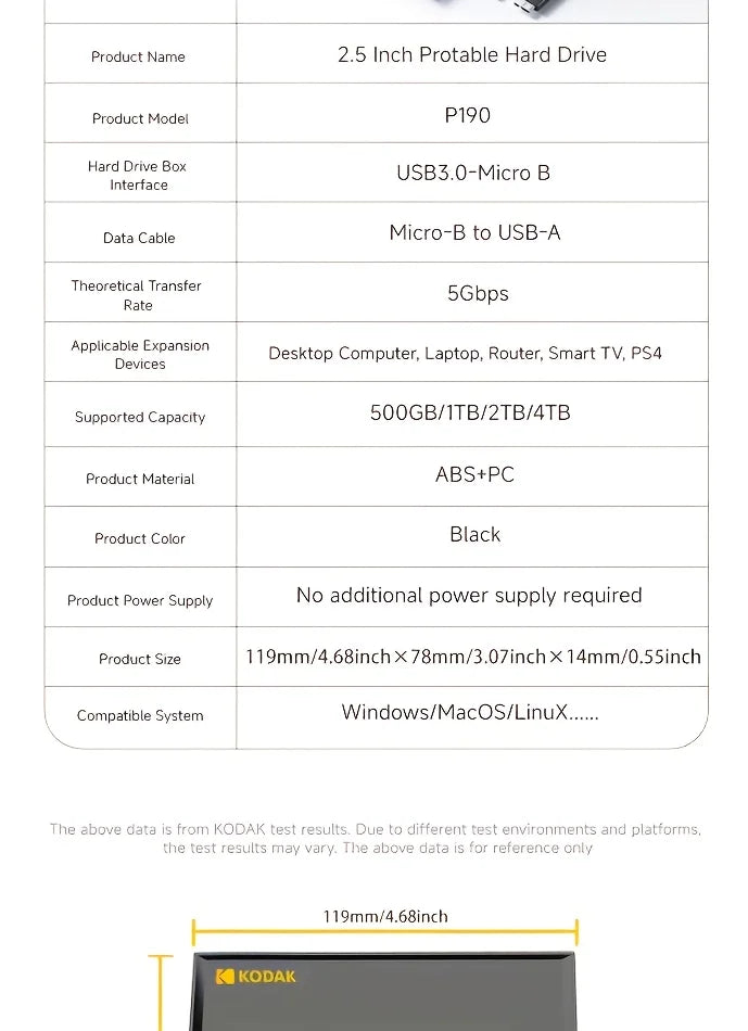 KODAK, P190, Portable HDD mechanical mobile disk, 500GB/1Tb/2Tb, portable gaming hard drive storage, suitable for PC, electronic