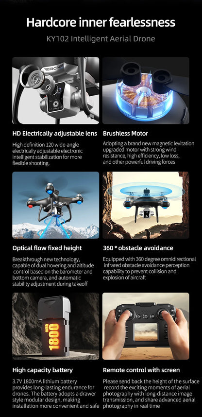 KY102 Drone 4K Remote Control Wizard with Screen Brushless Motor Optical Streaming Electric Lens HD Aerial Photography rc dron