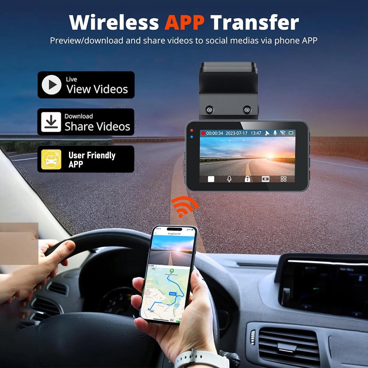 Dash Cam Front 4K and Rear 2K HD WiFi ADAS Dashboard Camera with 3 Inch LCD Screen 64GB Memory Card for Car Car Driving Recorder