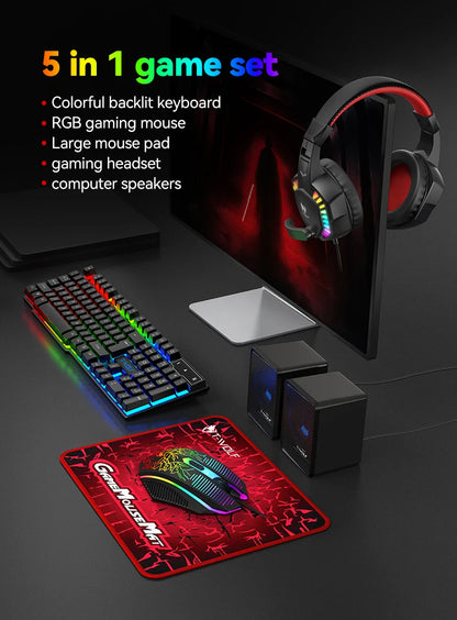 Five-piece Gaming Combo 104 Keys Keyboard 4-color Breathing Light Mouse 3.5mm Gaming Headset Gaming Speaker Anti-slip Mouse Pad