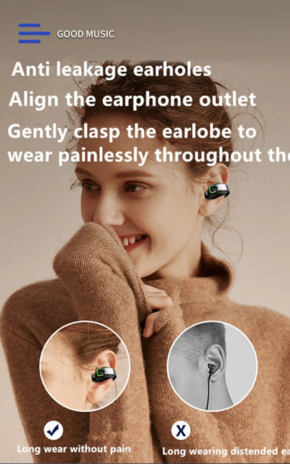 Ear-Clip Wireless Headsets TWS Bass Music Earring Bluetooth 5.3 Earphones Single Sport Headphone With Mic Touch Business Earbud