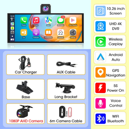 4K Dash Cam 10.26 inch Carplay & Android Auto Car DVR Video Recorder Dahscam Camera 5G Wifi GPS Navigation FM AUX 360 ° Rotation
