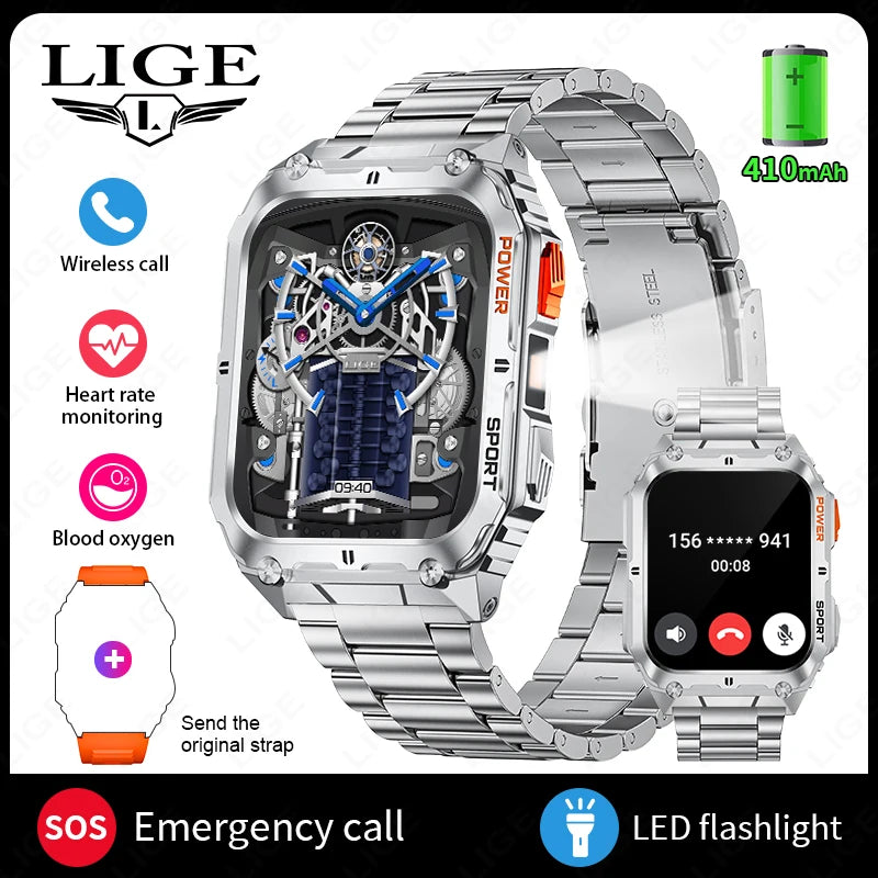LIGE 1.91-inch Screen Men Smart Watch Led Lighting IP68 Waterproof Watch Outdoor Sport Health Monitor Smartwatch For Android IOS