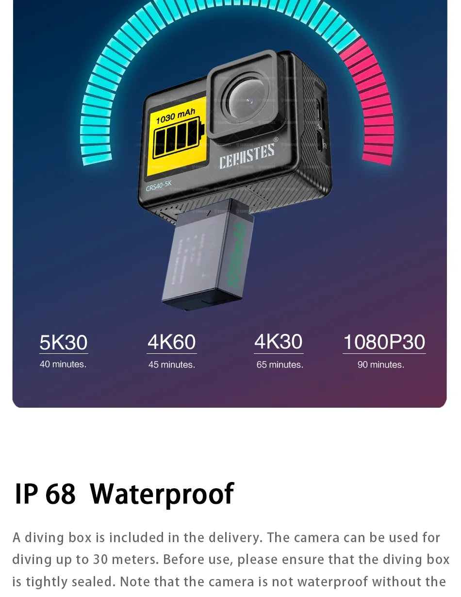 CERASTES Action Camera 5K 4K 60FPS WiFi Anti-shake Dual Screen 170° Wide Angle 30m Waterproof Sport Camera with Remote Control