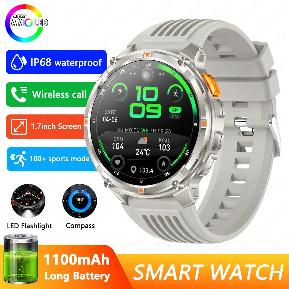 1100mAh Battery Outdoor Sport Smartwatches Men LED Flashlight Message Push Heart Rate 3ATM Waterproof Bluetooth Call Smart Watch
