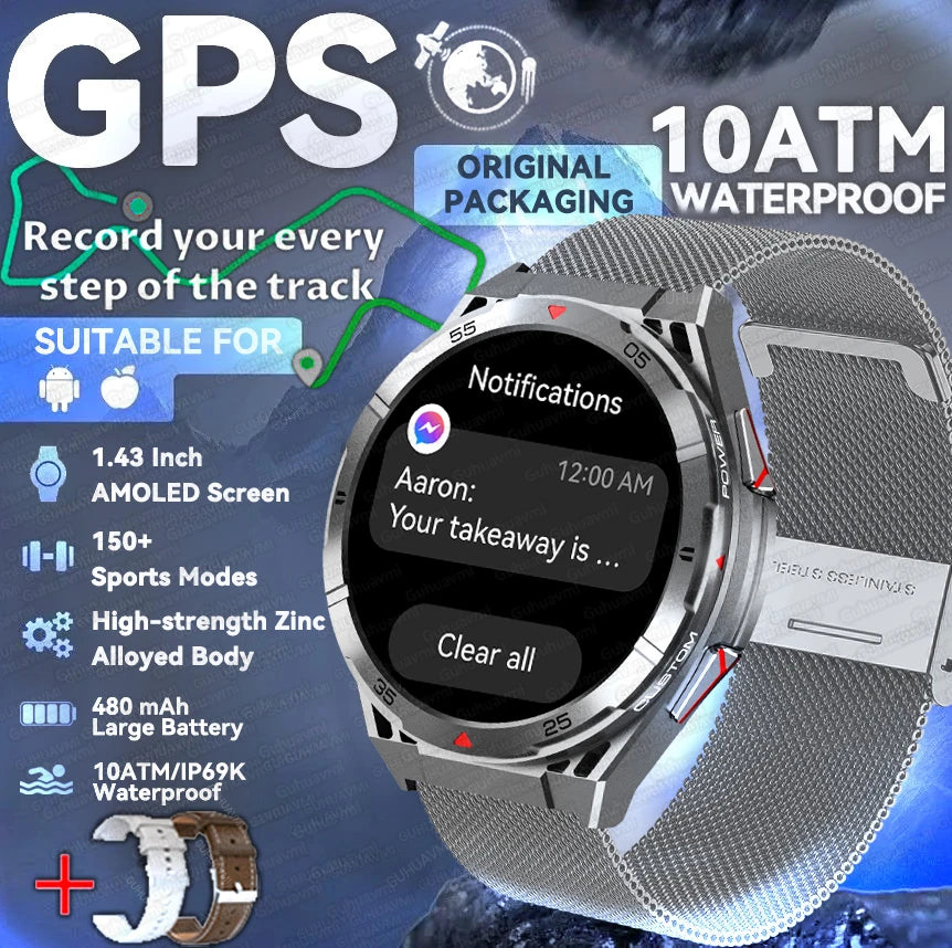 New Outdoor Built-in GPS Smart Watch Men 1.43'' AMOLED Display Compass 3ATM Waterproof Swimming Grade Bluetooth Call Smartwatch
