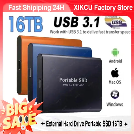 Portable External Hard Drive SSD 16TB External Solid State Drive USB 3.0 Type C Hard Disk High Speed Storage for PC Phone 16 15