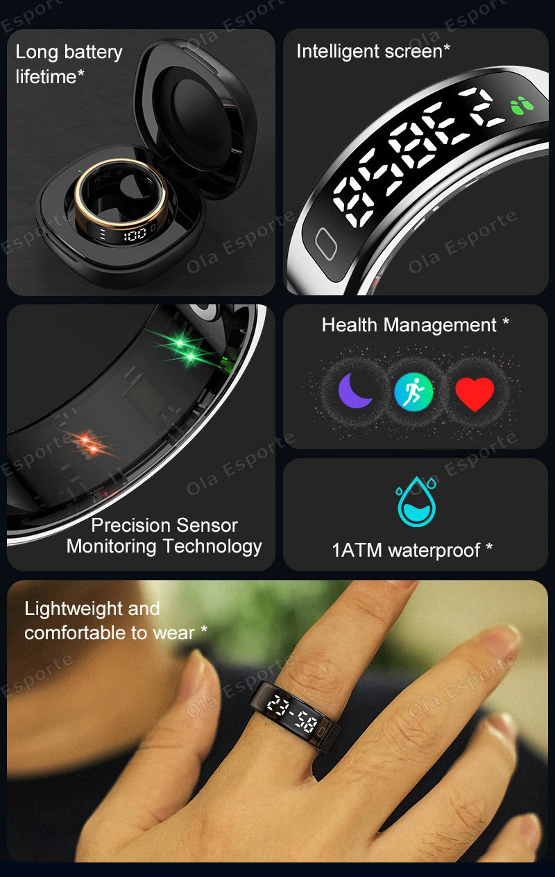 Smart Ring Men Women LED Display Screen Heart Rate Health Monitor Waterproof  Sport Modes rings Scroll through tiktok