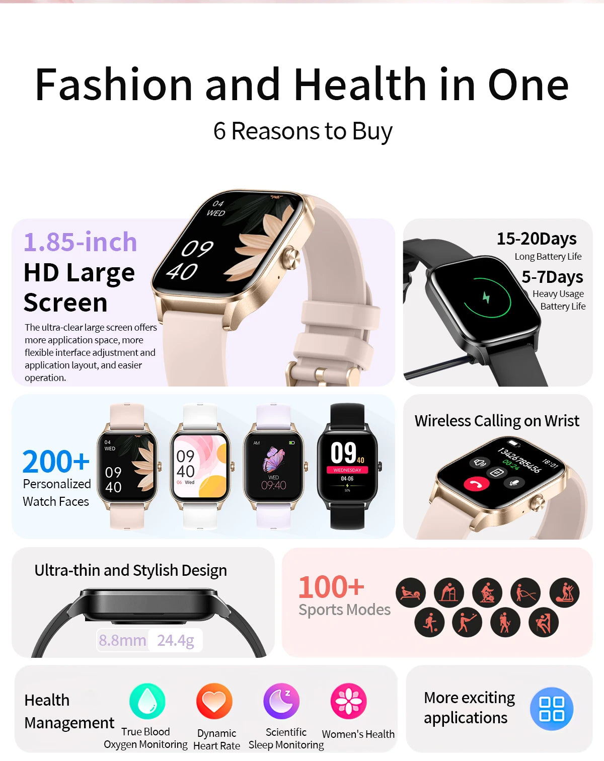 Fashion Smart Watch Men Women 1.85” HD Screen Custom Watch Face Health Monitor Women’s Watch Bluetooth Call Sports Smartwatches