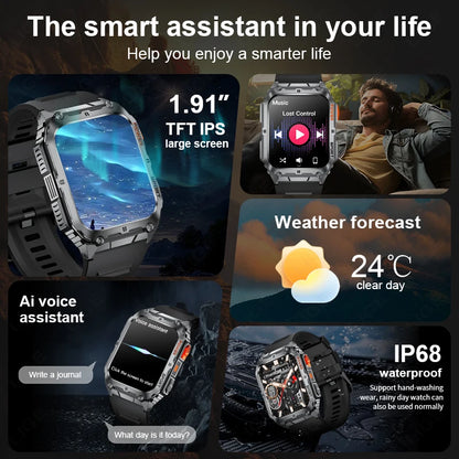 LIGE 1.91-inch Screen Men Smart Watch Led Lighting IP68 Waterproof Watch Outdoor Sport Health Monitor Smartwatch For Android IOS