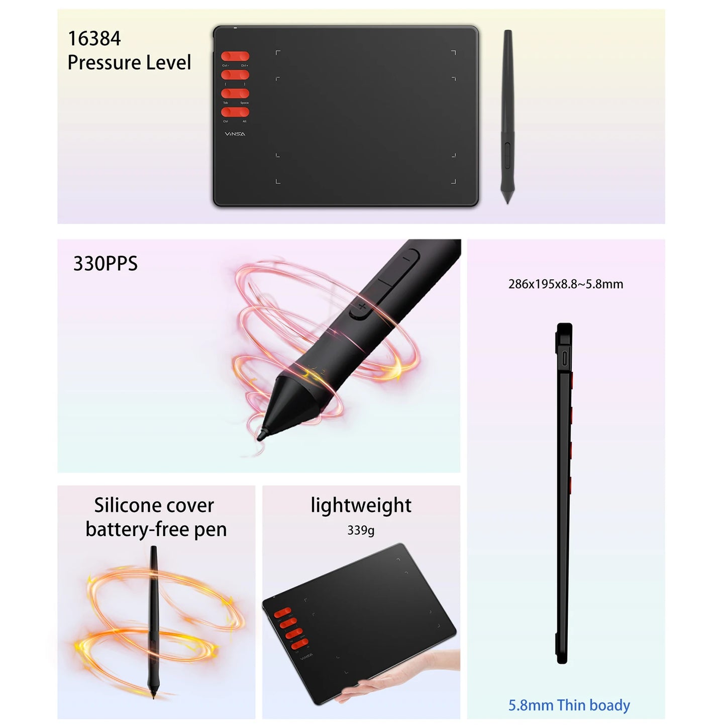 Graphics Drawing Tablet 7.6 x 5.6in Digital Art Tablet Supports 16384 Levels w/ 8 Hot Keys and Battery-free Pen Windows Android