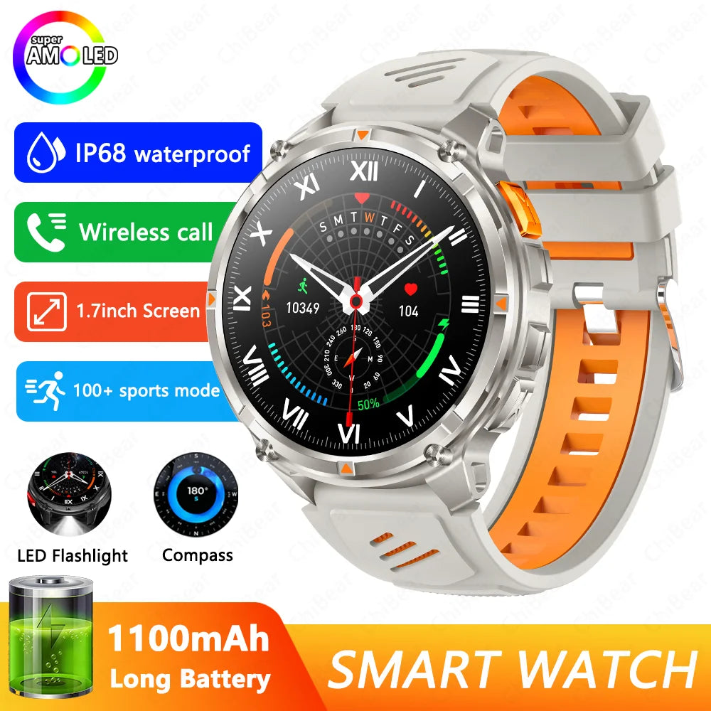 1100mAh Battery Outdoor Sport Smartwatches Men LED Flashlight Message Push Heart Rate 3ATM Waterproof Bluetooth Call Smart Watch