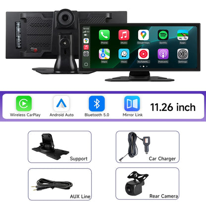 11.26 inch IPS Touch Screen Multimedia Video Player Portable 4K Car DVR Wireless CarPlay Android Auto Dual Lens Driving Recorder