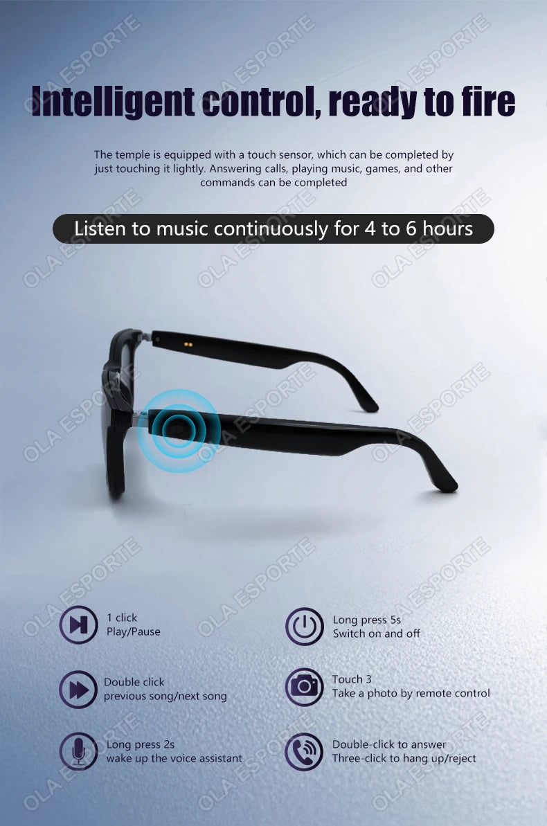 Hot GS05 Smart Glasses For Men 2 in 1 UV Protection Portable Polarized Anti-blue light Black Frame White Lenses Music Sunglasses