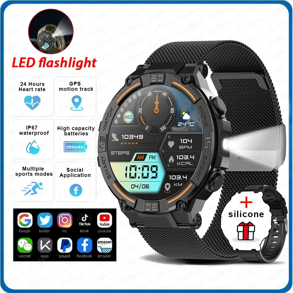 Outdoor Smart Watch with Flashlight Male Sports Fitness Waterproof Watch 24 Hours Heart Rate Monitor Bluetooth Call Smartwatch