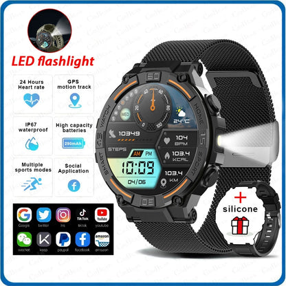 Outdoor Smart Watch with Flashlight Male Sports Fitness Waterproof Watch 24 Hours Heart Rate Monitor Bluetooth Call Smartwatch