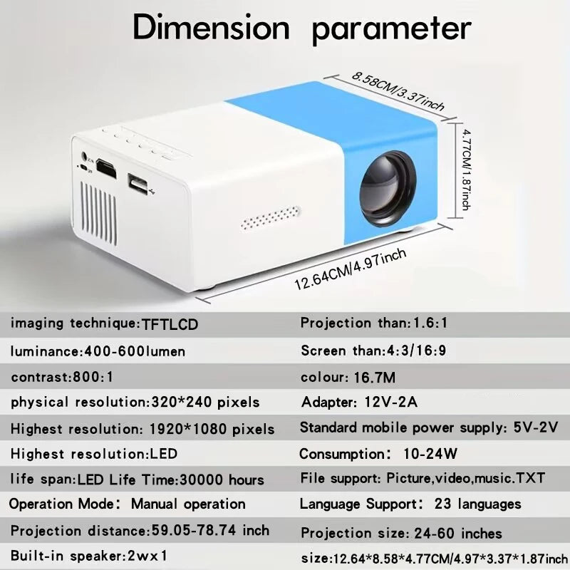 New Projector for Home Use 4K Ultra HD Mobile Phone Wall Projection, Dormitory, Bedroom, Living Room, Home Cinema Projector