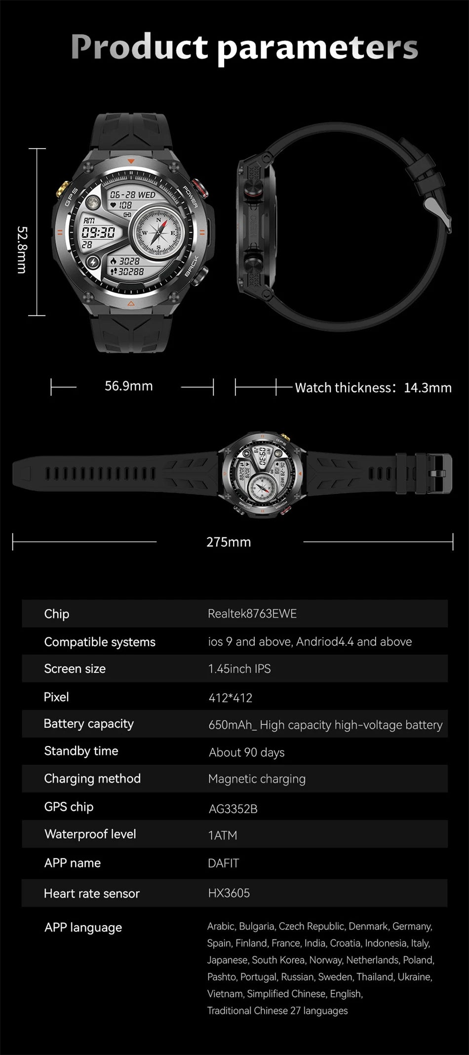 For Huawei Xiaomi GPS Outdoor Military Smart Watch Men 5ATM Waterproof Compass Altitude Monitor Watch 650mAh BT Call Smartwatch