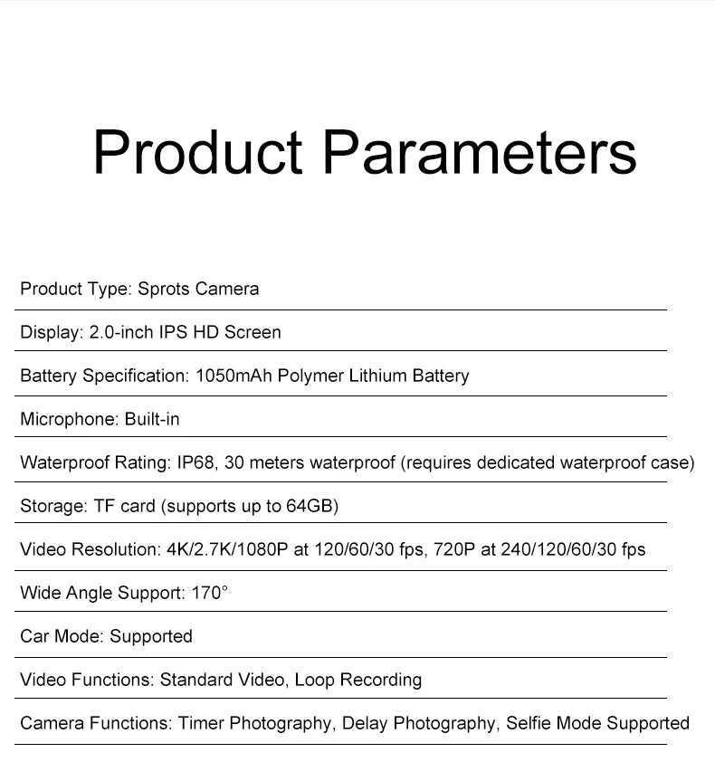 4K Action Camera 1080P 30FPS 170° Wide Angle Lens Outdoor Diving And Riding Sports Camera Ultra HD Pixels Sports Camera