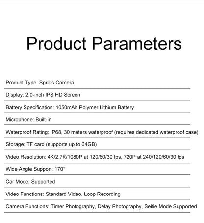 4K Action Camera 1080P 30FPS 170° Wide Angle Lens Outdoor Diving And Riding Sports Camera Ultra HD Pixels Sports Camera