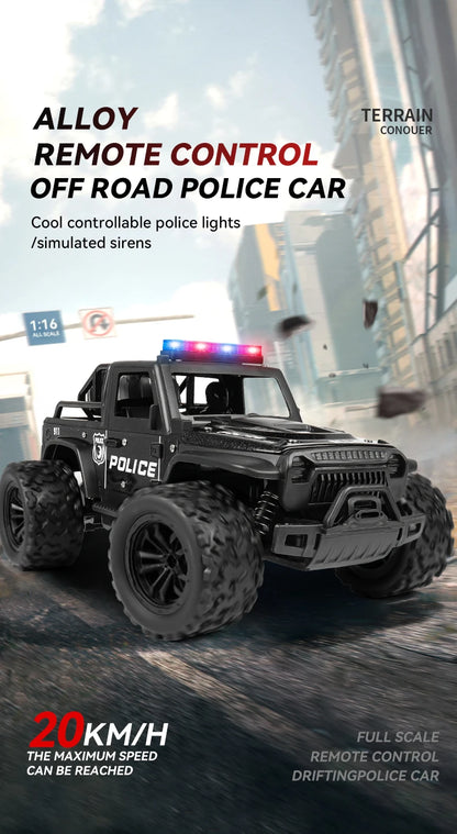 Remote-controlled off-road police car, cool police lights, simulated siren sounds, 1:16 scale alloy body,Spring shock absorption