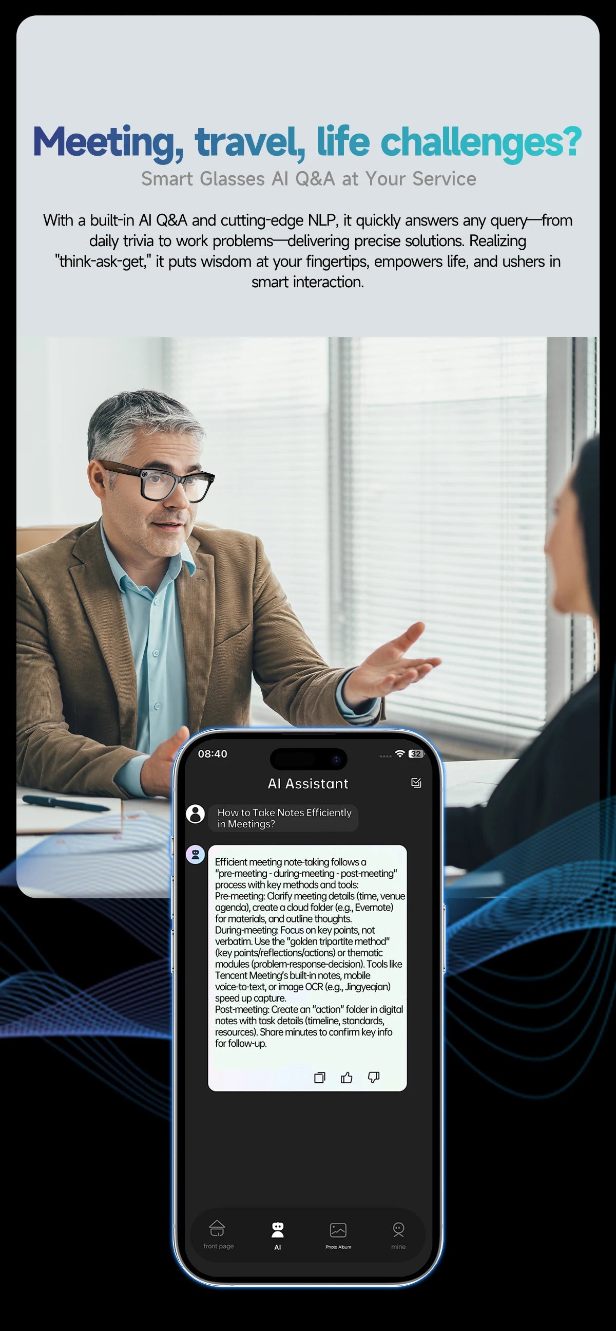 Smart Glasses HD Camera Recording Videos AI Photo Recognition Answer Translation 270mAh Large Battery Waterproof BT Call Glasses