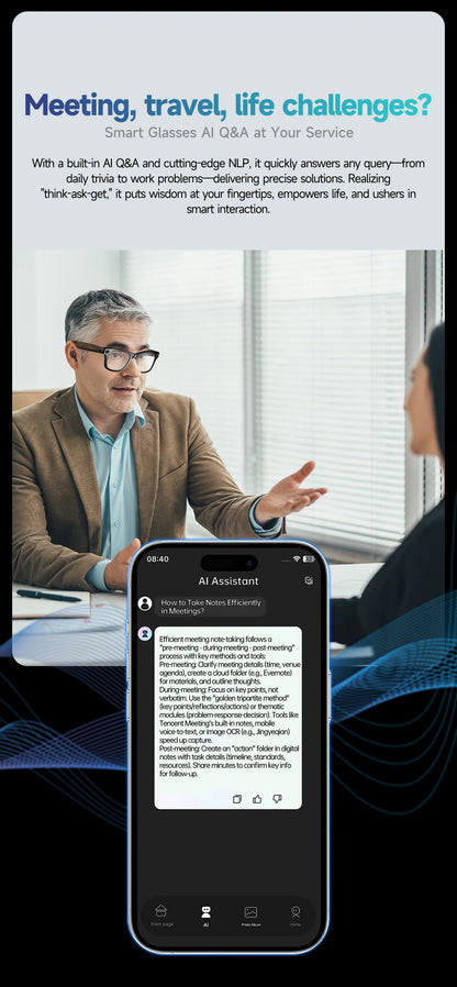 Smart Glasses HD Camera Recording Videos AI Photo Recognition Answer Translation 270mAh Large Battery Waterproof BT Call Glasses