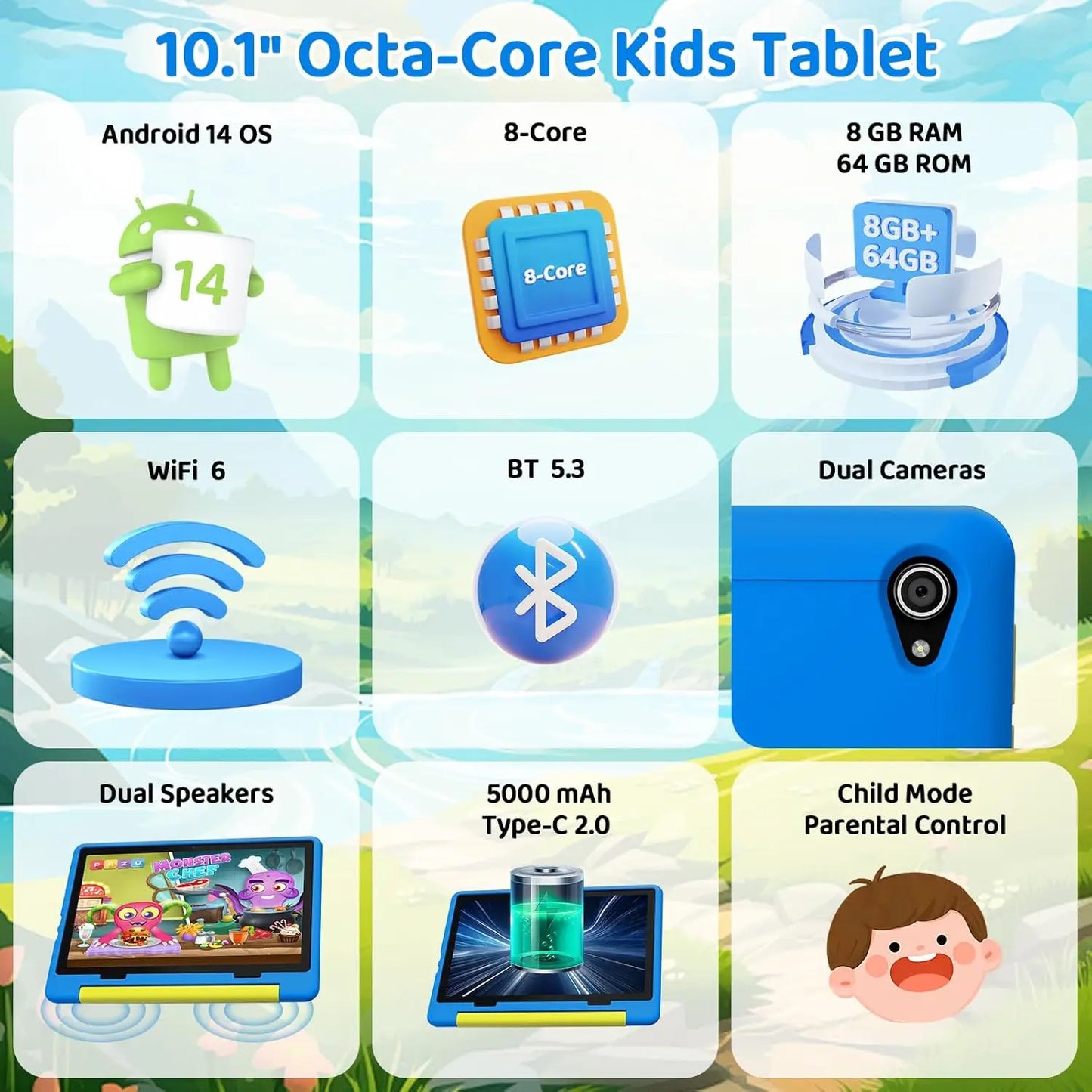 URAO 10 Inch Cartoon Pattern Kids Tablet Android Octa-Core 8GB RAM 64GB ROM Learning Education Games Tablets Children's Gifts