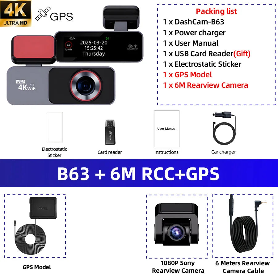 Dash Cam 4K HD Ultra Wide Angle Loop Recording Dash Cam Built-in WiFi Optional Dual Lens 24 Hours Parking Monitoring
