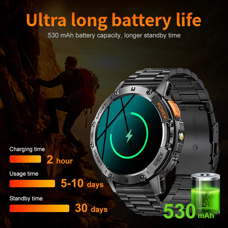 LIGE New AMOLED Smart Watch Men with Flashlight Sports Waterproof Fitness Tracker Bluetooth Call Smartwatch Man For Android ios