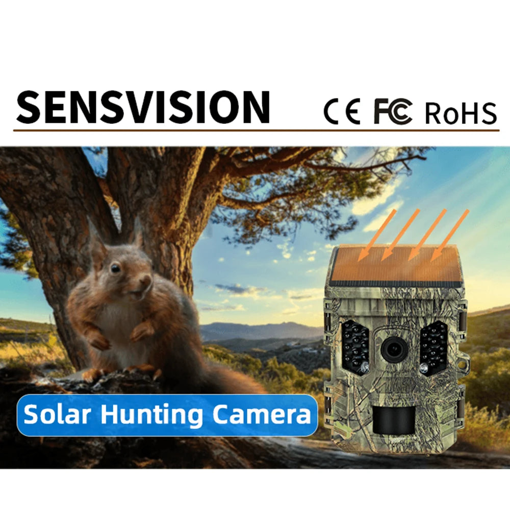 Wildlife Camera Solar Energy Trail Cam 4K with 1080P Night Vision Waterproof BT WiFi APP 16MP Game Camera with Motion Activation
