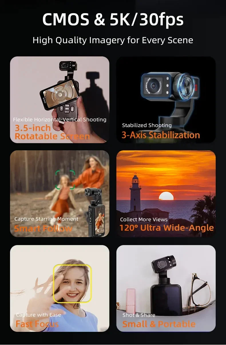 M5 Vlog Action Camera 5K 30fps/ 4K 60fps 3-Axis Anti-shake Digital Video Camcorder 180° Rotation Lens 3.5"Screen Face Tracking