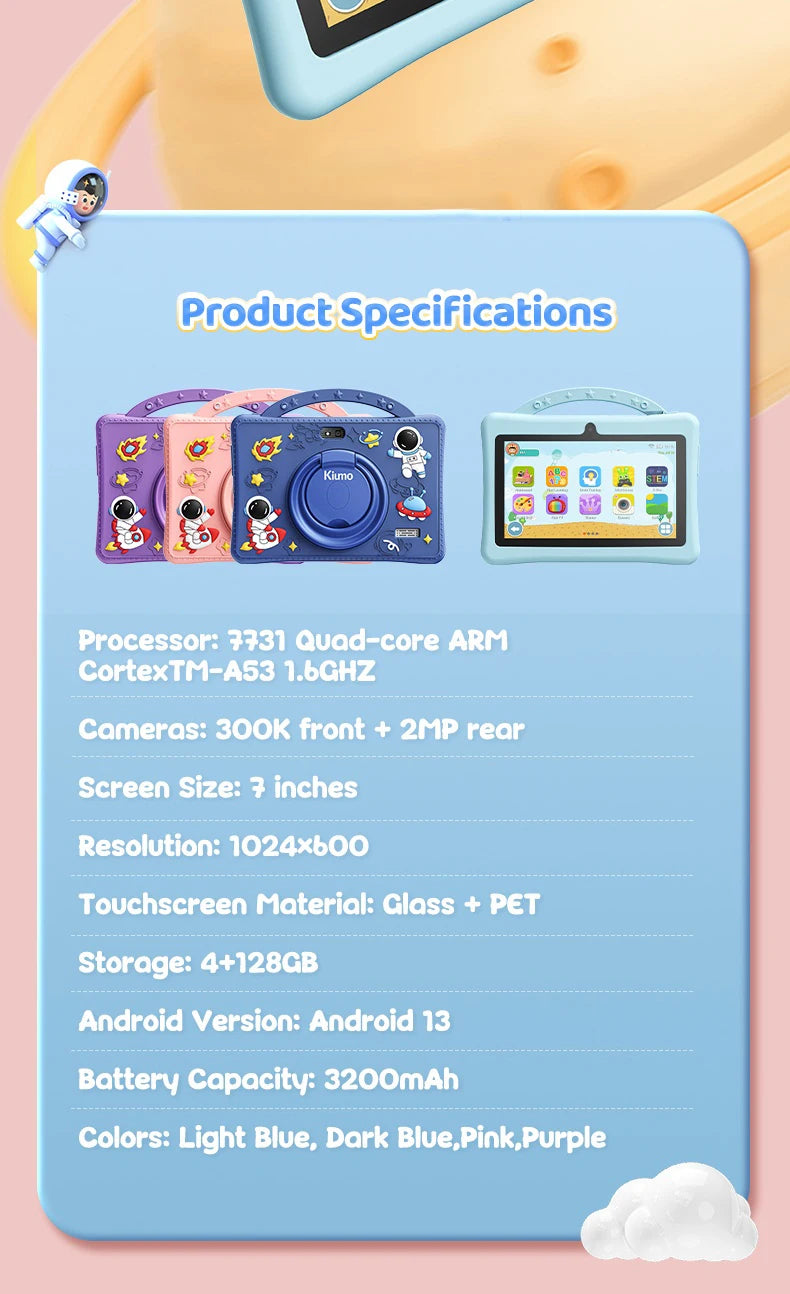 2025 New Kid's Tablet Android 14 7.1 HD Screen 1280*600 IPS 4GB+128GB Memory 3200mAh GPS Satellite Positioning Tablet Boys Girls