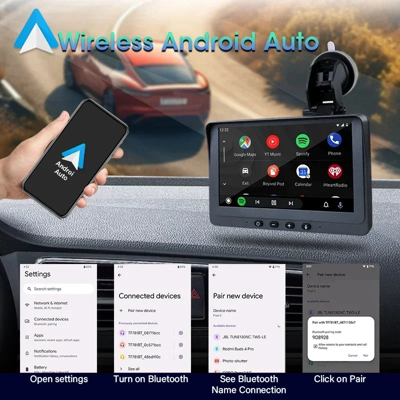 Portable 7 inch Multimedia Video Player Wireless Carplay Android Auto Touch Screen With USB AUX Dual Bluetoth Stereo Car Radio