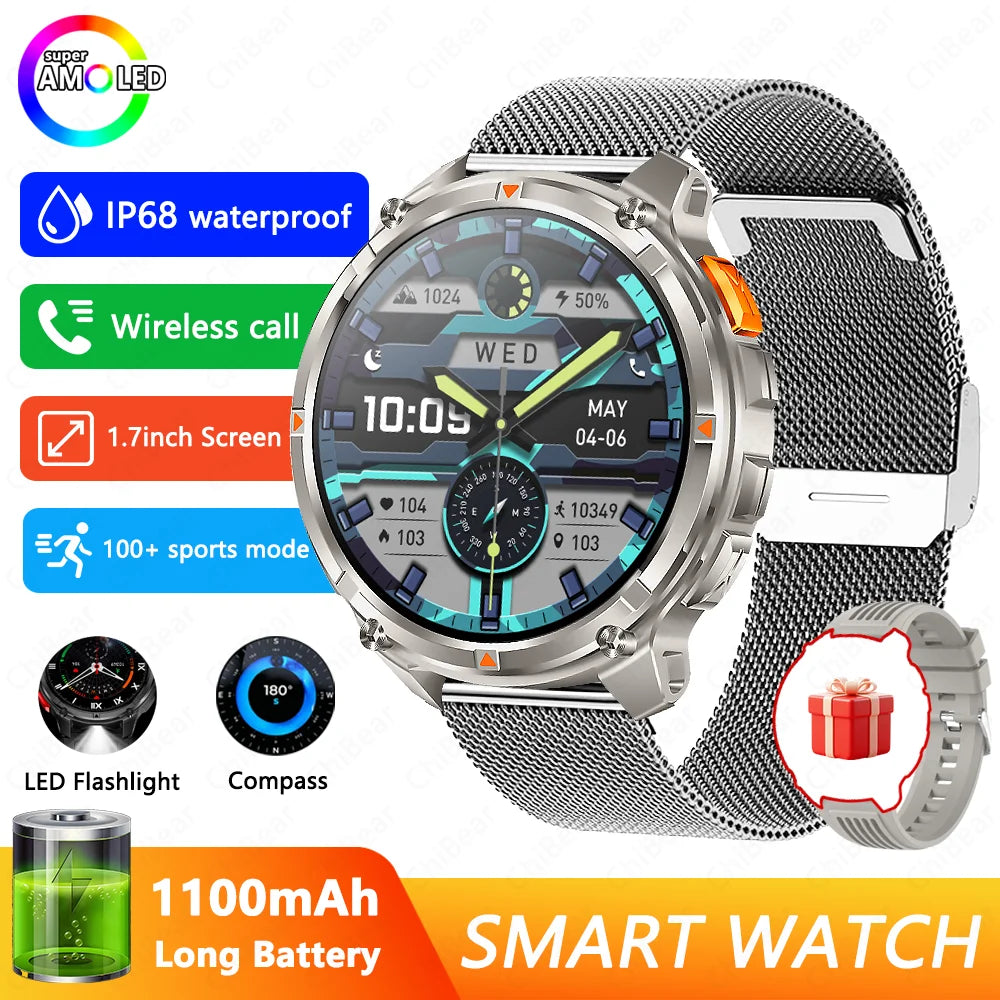 GPS Outdoor Sports Smartwatches 1100mAh Large Battery LED Light Compass 3ATM Waterproof Bluetooth Call Smart Watch 2025 New