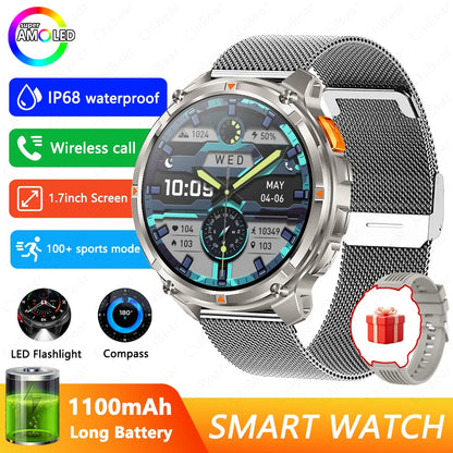 1100mAh Battery Outdoor Sport Smartwatches Men LED Flashlight Message Push Heart Rate 3ATM Waterproof Bluetooth Call Smart Watch