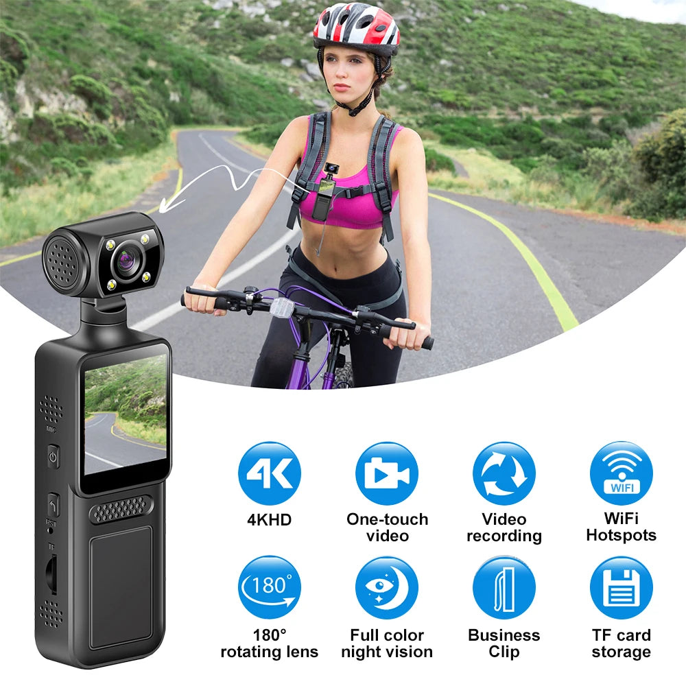 4K HD Action Camera 180 Rotatable Vlog WiFi Mini Sports Wearable Camera Infrared Night Vision Sports DV Bicycle Driver