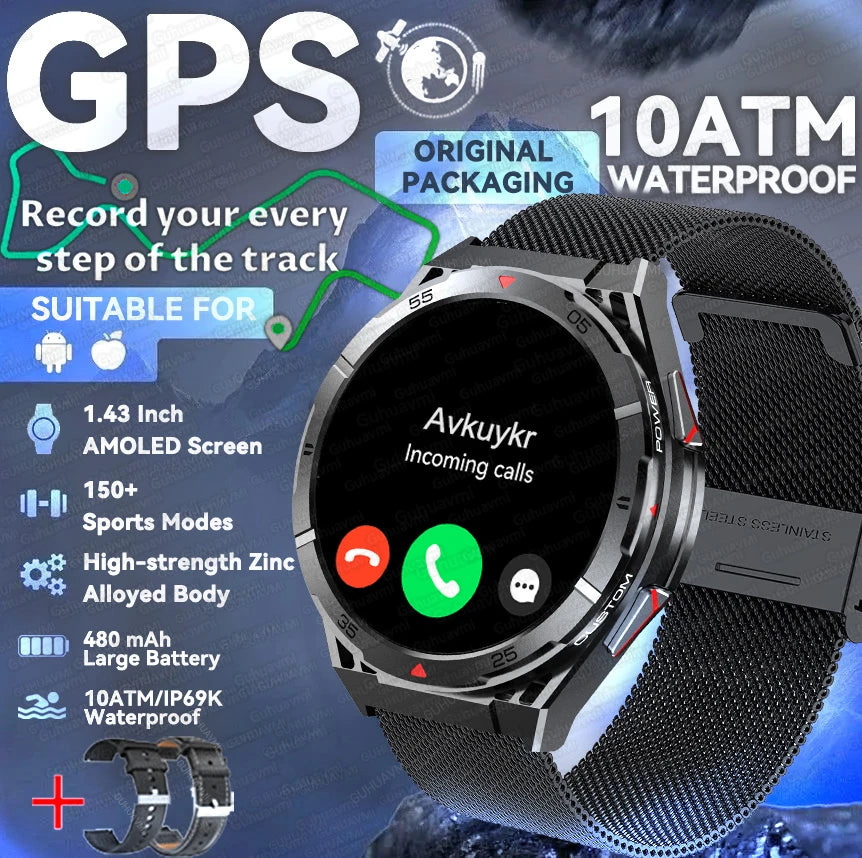 New Outdoor Built-in GPS Smart Watch Men 1.43'' AMOLED Display Compass 3ATM Waterproof Swimming Grade Bluetooth Call Smartwatch