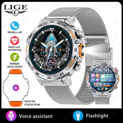 LIGE 2024 Smart Watch Men 360*360 AMOLED HD Screen Waterproof Sport Fitness Watches Flashlight New Men Smartwatch For Andrio IOS