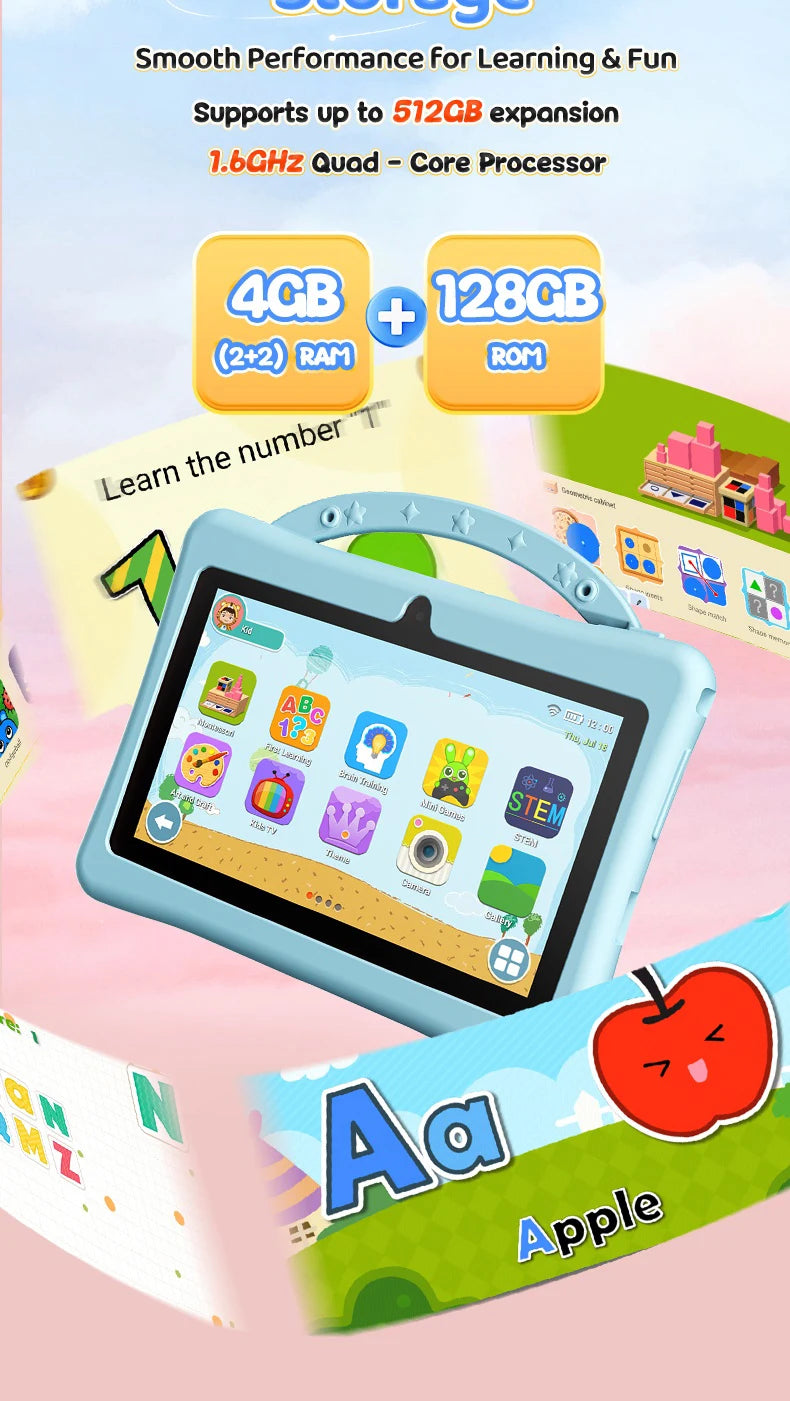 2025 New Kid's Tablet Android 14 7.1 HD Screen 1280*600 IPS 4GB+128GB Memory 3200mAh GPS Satellite Positioning Tablet Boys Girls