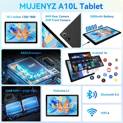 10.1 Inch Tablet Android 14 12GB RAM 64GB ROM Octa Core 5G WiFi Dual Camera with Keyboard Mouse Case Tablets Computer Set