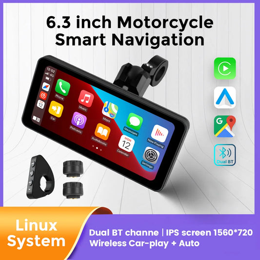 NEW 6.3inch Portable Screen Motorcycle Wireless Car-play Android Auto Smart Player GPS Navigation IPX7 TPMS IPS 1560*720 Dual BT