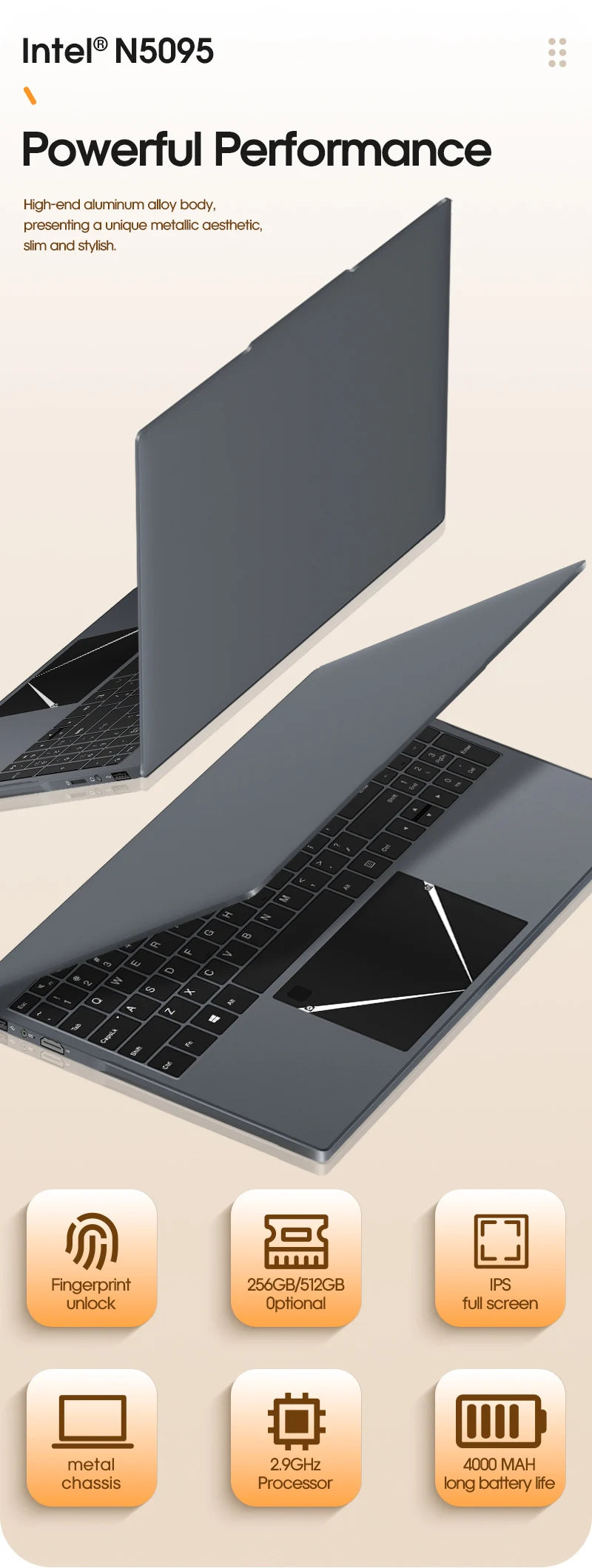 15.6" Ultra Slim Laptop 16GB RAM 512GB SSD Intel N5095 Notebook 1920*1080 FHD Screen Windows 10 Office Study Portable Computer