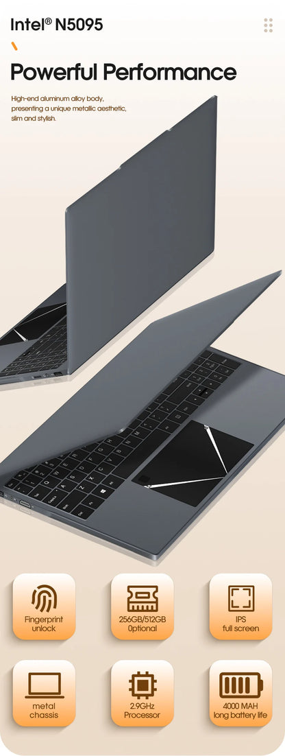 15.6" Ultra Slim Laptop 16GB RAM 512GB SSD Intel N5095 Notebook 1920*1080 FHD Screen Windows 10 Office Study Portable Computer